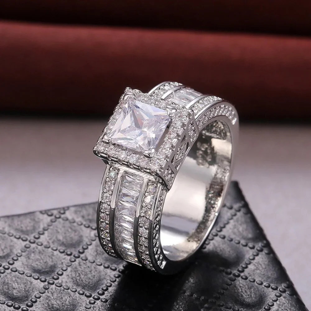 💞 Three Layer Full Zircon Square Anillos Princess Cut Rings for Women, PD194